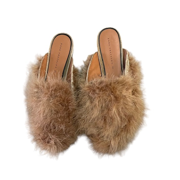 Zara Trafaluc Feathered Fuzzy Slip On Mules Size 40 - Picture 5 of 9